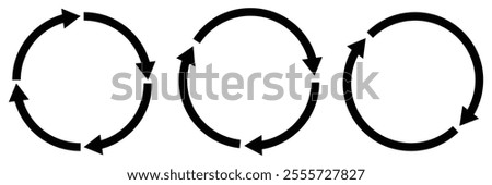 Circle arrow icon set. Symbol of reload, refresh, loading, recycle and repeat. Set of circle arrows rotating, different circular arrows of black color isolated. 