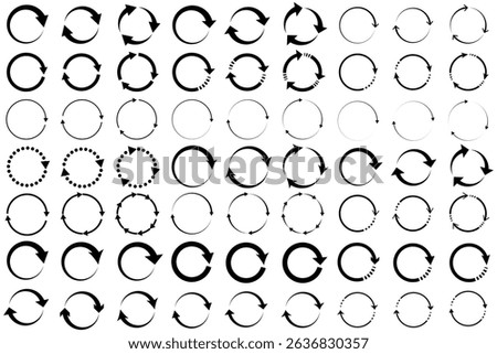 Circle arrow icon set. Symbol of reload, refresh, loading, recycle and repeat. Interconnecting round arrow vector icons set. Work in progress sign. One, two, three, four, five, six arrow in the loop.