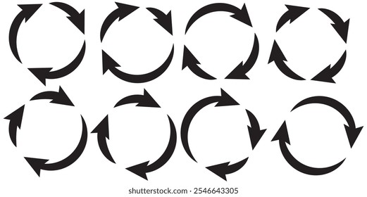 Conjunto de iconos de flechas circulares Ilustración vectorial, refrescar, recargar, conjunto de flechas circulares giratorias, diferentes flechas circulares de color negro aisladas, signo de reciclaje, símbolo giratorio sabio del reloj de flecha, signo de flecha