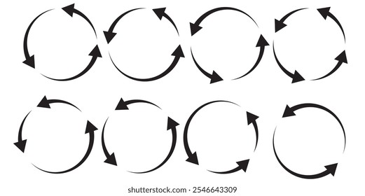 Conjunto de iconos de flechas circulares Ilustración vectorial, refrescar, recargar, conjunto de flechas circulares giratorias, diferentes flechas circulares de color negro aisladas, signo de reciclaje, símbolo giratorio sabio del reloj de flecha, signo de flecha