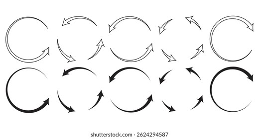 Ícone Circular Seta definir ilustração de vetor, atualizar, recarregar, Conjunto de setas circulares girando, setas circulares diferentes de Cor de variedade isolada, sinal de reciclagem, sinal de seta e símbolo.