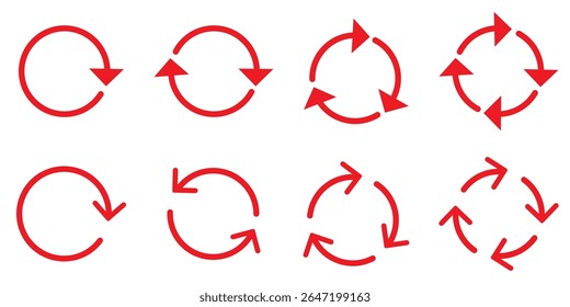 Kreis-Pfeilsymbol Satz Vektorgrafik, aktualisieren, wiederholen, neu laden, Satz von Kreispfeilen rotieren, verschiedene kreisförmige Pfeile der schwarzen Farbe isoliert, Recycling-Zeichen. Entwurf eps 10