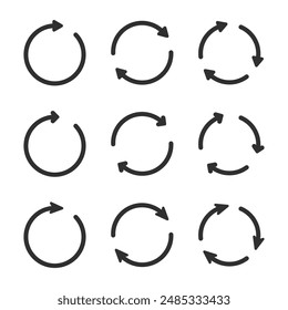 Circle arrow icons set. Reiteration or renewal symbol. Vector illustration isolated on white background. Refresh and reload arrow icon. Rotation vector arrows set. Loop, loading, round, redo process