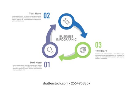 Circle with arrow Infographic 3 Processes to Business Success. Presentation, Plan, Strategy and Cycle. Vector illustration.