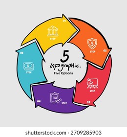 Circle arrow infographic 5 steps circular illustration, infographic template. Infographic 5 options. Vector eps