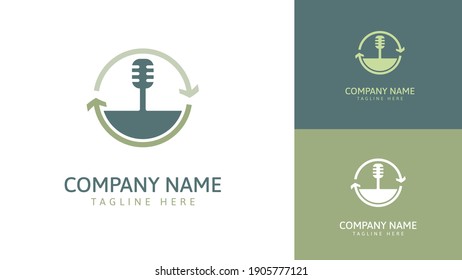 Diseño del logo de la flecha de círculo combinado con el micrófono. Vector