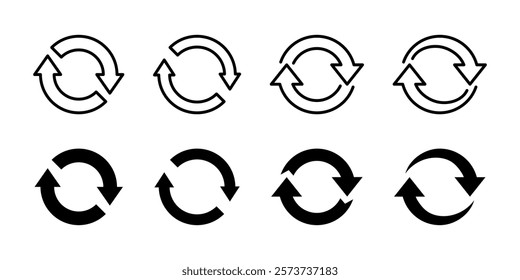 Circle arrow refresh icon. Circular repeat button. Rotating arrows symbol. Reload, reuse, recycling vector illustration. Sync and update sign. Repeat and loop circulation pictogram. Loading cycle.