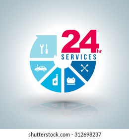 Circle arrow step services  24 hours with icons for car service. Vector illustration. for car services concept and business car services.