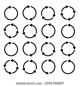 Circle arrow vector, icon set. Flat style icon recycle arrow symbol web graphic design. Set of black arrows vector isolated on white background. Rotation arrows icons. Vector illustration.