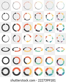 Circle with arrows. Collection of colored templates for infographics of cyclic stages. Vector circular elements with different number of arrows, shape and thickness. 