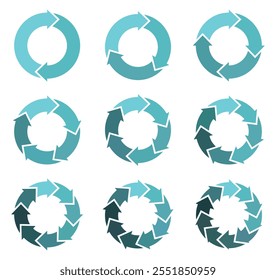 Circle of arrows cycle vector icons. Pie chart diagrams in color. Rotating element with 2-10 steps. Set of circle interface. Segment circle round vector 2-10 divide infographic. Vector illustration.