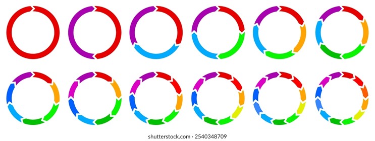 Conjunto de gráficos de diagrama de setas circulares, gráfico de negócios de pizza, diagrama de círculo com seções ou partes