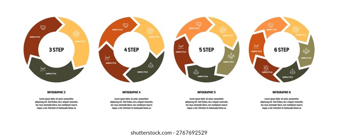 Circle arrows diagram infographic set. Circular arrows with 3, 4, 5, 6 steps, options. Process chart, cycle diagram for business presentation, report, slide, brochure, annual report.