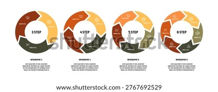 Circle arrows diagram infographic set. Circular arrows with 3, 4, 5, 6 steps, options. Process chart, cycle diagram for business presentation, report, slide, brochure, annual report.