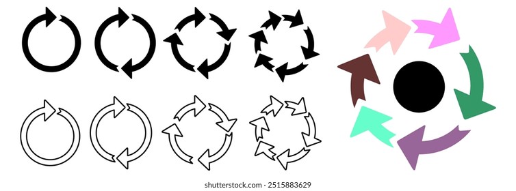 Circle arrows icon. Round reload sign, repeat icon, rotate arrow symbol, Vector illustration
