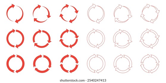 Circle arrows icon set. Different circular arrows of white background. Red color stroke arrows. Recycle icon set, refresh, repeat _Vector illustration.