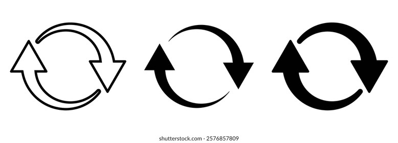 Circle arrows icon set. different circular arrows of white background. Black color, different thickness. Recycle icon set, refresh, repeat arrows, Vector illustration.
