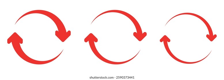 Circle arrows icon set. different circular arrows of white background. Red color, different thickness. Recycle icon set, refresh, repeat, Vector illustration.