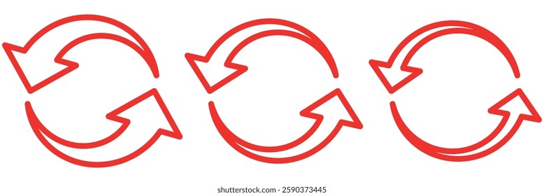 Circle arrows icon set. different circular arrows of white background. Red color, different thickness. Recycle icon set, refresh, repeat, Vector illustration.