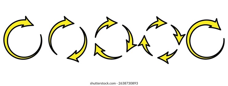 Circle arrows icon set. different circular arrows of white background. Black color, different thickness. Recycle icon set, refresh, repeat, Vector illustration. Stock image.  cycles, processes. 