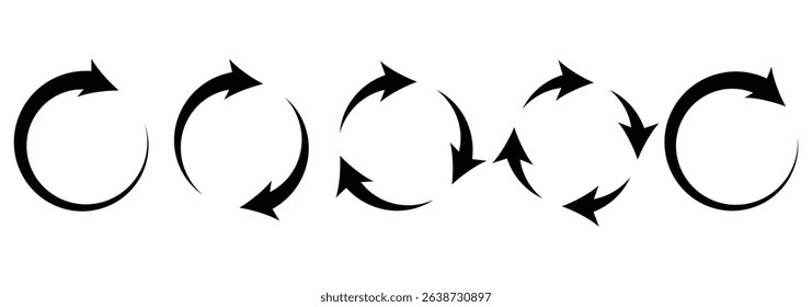 Circle arrows icon set. different circular arrows of white background. Black color, different thickness. Recycle icon set, refresh, repeat, Vector illustration. Stock image.  cycles, processes. 