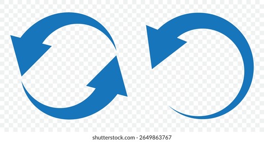 Ícone de setas circulares definido. setas circulares diferentes em Fundo transparente. Cor azul, espessura diferente. Ícone de reciclagem definido, atualizar, repetir, ilustração de vetor. Imagem de stock. design. EPS 10.