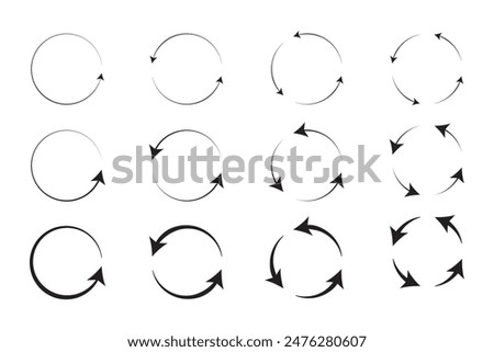 Circle arrows icon set. different circular arrows of white background. Black color, different thickness. Recycle icon set. Vector illustration. Stock image. 