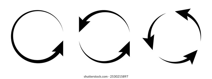 Conjunto de iconos de flechas circulares para repetir, recargar, actualizar, rotar y Actualizar en color negro. Actualizar el Vector de iconos. Reciclar símbolo de icono de Vector. Repita y vuelva a cargar los iconos establecidos y el círculo de rotación de la flecha.