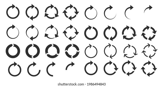 Symbolsatz für Kreispfeile Pfeilsymbole drehen. Das Symbol kann gerundet, aktualisiert, neu geladen oder wiederholt werden. Moderne, einfache Pfeile. Vektorgrafik.