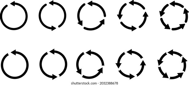 Circle arrows icon set. Round reload sign, repeat icon, rotate arrow symbol,  arrow pictogram refresh reload rotation loop sign set