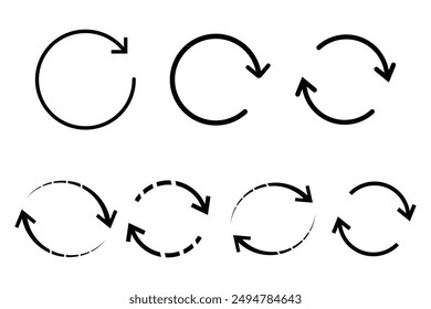 Circle arrows icon set. Round reload sign, repeat icon, refresh icon, rotate arrow icon sign and symbol, Vector illustration