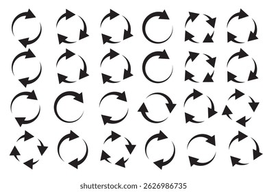 Conjunto de ícones de setas circulares. Sinal de recarga redondo, ícone de repetição, símbolo de seta de rotação, design da Web de ilustração vetorial. estilo plano, clip-art.