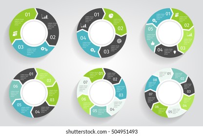 Circle arrows infographic. Business concept with 3 4 5 6 7 8 options, parts, steps or processes. Vector template in flat design style