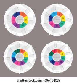circle arrows infographic template pie charts with 6, 7, 8, 9 steps