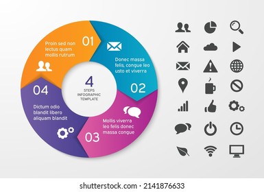 Circle arrows for infographics with icons. Template for cycle diagram, options, graph, web design, presentation and round chart. Business concept with 4 steps. Abstract background. Vector illustration