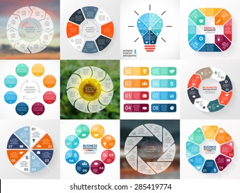 Circle arrows infographics set. Template for cycle diagram, graph, presentation and round chart. Business concept with 8 options, parts, steps, processes. Vector blur background. Data visualization.