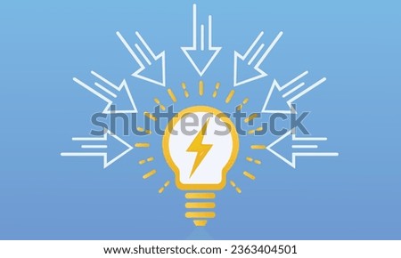 A circle of arrows pointing towards a bulb referring to main idea icon.on blue background.Vector Design Illustration.