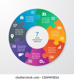 Circle arrows puzzle infographics. Template for cycle diagram, options, graph, web design, presentation and round chart. Business concept with 7 steps. Abstract background. Vector illustration.