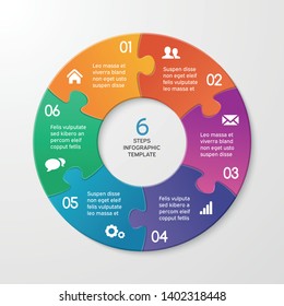 Circle arrows puzzle infographics. Template for cycle diagram, options, graph, web design, presentation and round chart. Business concept with 6 steps. Abstract background. Vector illustration.