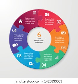 Circle arrows puzzle infographics. Template for cycle diagram, options, graph, web design, presentation and round chart. Business concept with 6 steps. Abstract background. Vector illustration.