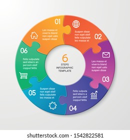 Circle arrows puzzle infographics. Template for cycle diagram, options, graph, web design, presentation and round chart. Business concept with 6 steps. Abstract background. Vector illustration.