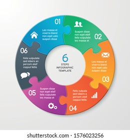 Circle arrows puzzle infographics. Template for cycle diagram, options, graph, web design, presentation and round chart. Business concept with 6 steps. Abstract background. Vector illustration.