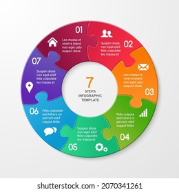 Circle arrows puzzle infographics. Template for cycle diagram, options, graph, web design, presentation and round chart. Business concept with 7 steps. Abstract background. Vector illustration.