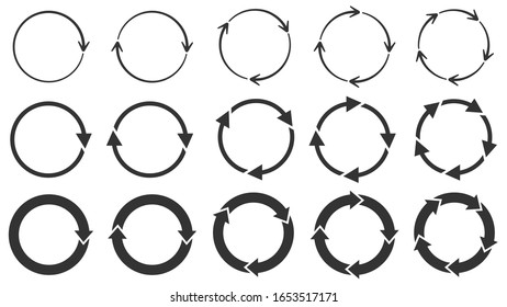 Circle arrows. Round reload or repeat icon, rotate arrow and spinning loading symbol. Circle pointer vector set. Circular rotation loading elements, redo process isolated black pictograms