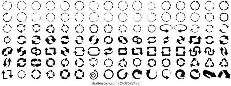 Kreispfeile.Satz von Kreispfeilen. Runde Nachladen oder Wiederholen des Symbols, drehen Sie den Pfeil und drehen Sie das Ladesymbol. Aktualisieren Sie das Vektorset.Schwarze runde Pfeile Set, Kreisformen. Vektorgrafik