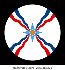 Circle Assyrian people flag vector illustration isolated. Button of Assyrians indigenous ethnic group native to Assyria. Ancient indigenous Mesopotamians of Akkad and Sumer. Modern Iraq territory.