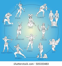 Circle of athletic warrior girls represents zodiac signs. 