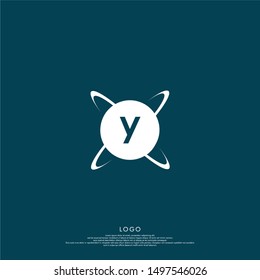 circle atom abstract Y logo letter isolated on blue background suitable for medicine, science, lab, studio, technology, education and website