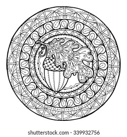 Circle autumn leaf ornament. Hand drawn art winter mandala. Made by trace from sketch. Black and white background. Zentangle pattern for coloring book for adults and kids. 