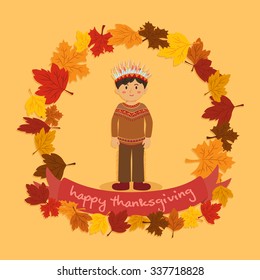 Circle Autumn Leaf Thanksgiving Indian Boy. Illustration of thanksgiving greeting card with a indian native american boy in autumn leaf background.